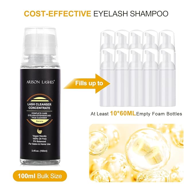 Eyelash Cleanser Concentrate 100ml Lash Extensions Shampoo Natural Foaming Cleanser DIY Non-lrritating Wash for Extensions Lashes with Salon Home Care-Makes 20 Bottles 60ml lash Shampoo (Banana)