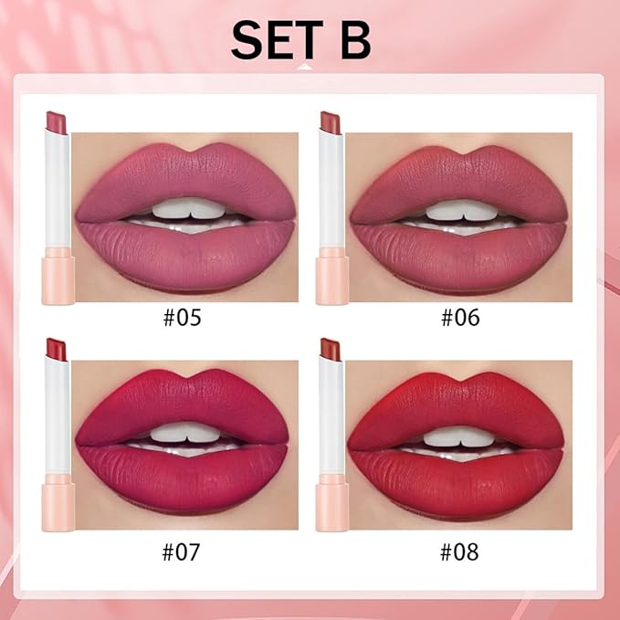 4 Colors Mini Small Little Tube Lipstick, Matte Lipstick Set, Red Moisturizer Smooth Lip Stick Lip Stain Velvet Lipstick, Lip Stain Long Lasting 24 Hours Waterproof Labiales Mate (Set B)