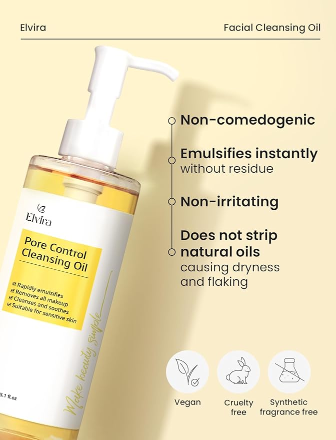 Elvira Pore Control Cleansing Oil, Makeup Remover for Sensitive, Oil Cleanser for Face, Blackhead Removal, Korean Skin care, Hydrating, Fragrance-Free