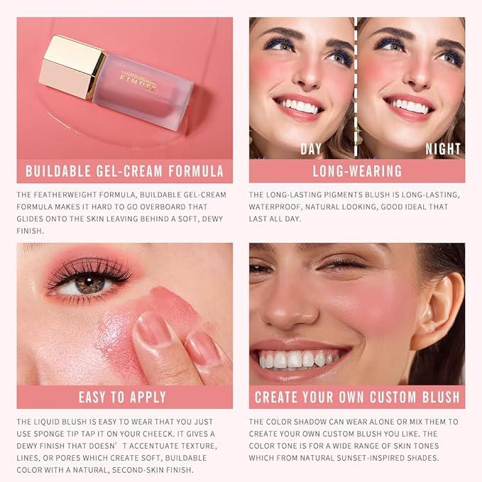 KIMUSE Liquid Blush, Soft Cream Blush Face Blush, Liquid Blush for Cheeks, Long-Wearing Pigmented Blush, Waterproof, Smudge Proof, Dewy Finish