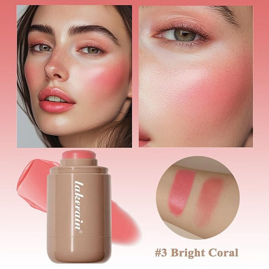 Cream Blush stick, Natural-Looking Matte Finish Makeup Blush stick, Hydrating Long Lasting Lightweight Blendable Blush for cheeks (#3 Bright Coral, 1 PC)