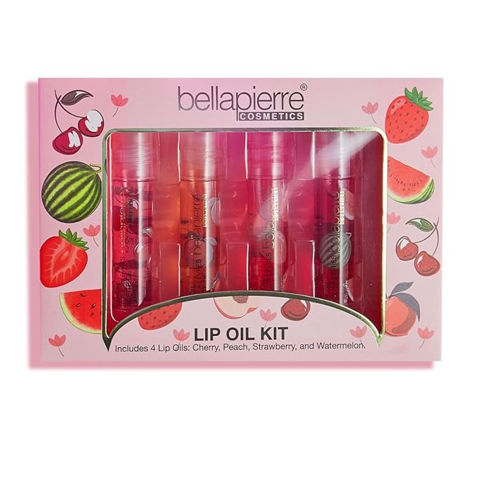 bellapierre Cosmetics 4-Piece Natural Lip Oil Kit | Moisturizing Lip Gloss Set | Fruit Flavored Lip Oil Collection with Rollerball Applicator