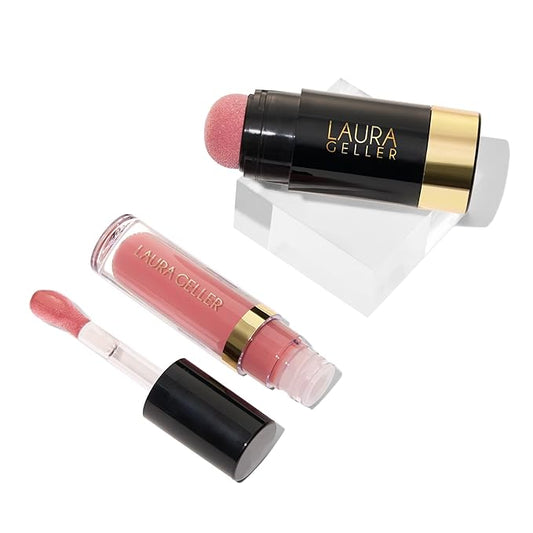 LAURA GELLER NEW YORK Serum Staples Soothing Blush + Lip Duo - Blush Cheek Tint, Practical Pink + Jelly Balm Lip Serum, There She Rose