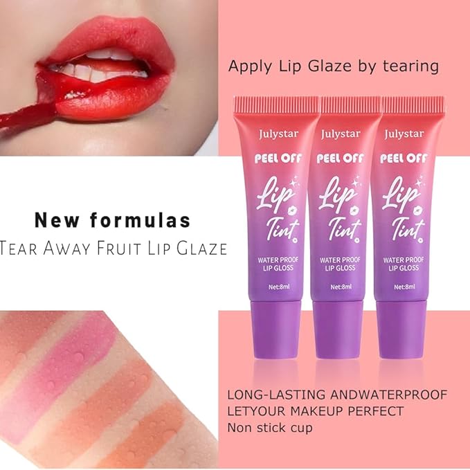 6 PCS Lip Stain Peel Off, Fruity Flavour Tinted Lip Gloss Lip Tint, Long Lasting Non-Stick Cup Tattoo Color Lipstick Set, Transfer Proof, Matte Finish, Lip Makeup for Women & Girls