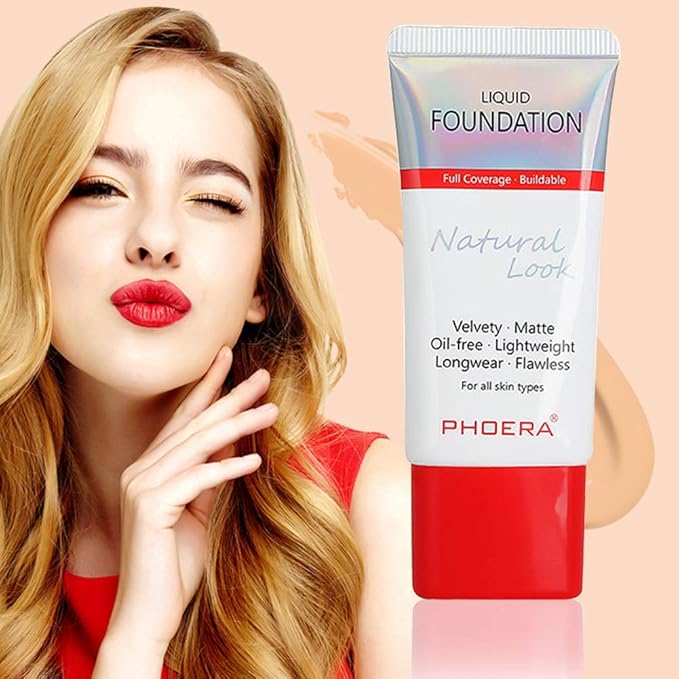 AQUAPURITY PHOERA Full Coverage Foundation New Formula Waterproof Long Lasting Oil Free Velvet Matte Liquid Foundation for Oily Skin Flawless Makeup Base Cream Concealer (104A Natural Beige)