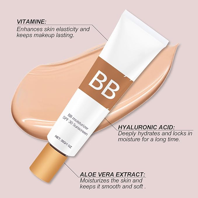 BB Blur Tinted Moisturizer, BB Moisturizer Spf 30, BB Tinted Primer with Brush, Full Coverage Light-Medium Skin Color Hydrating & Smoothing (Ivory)