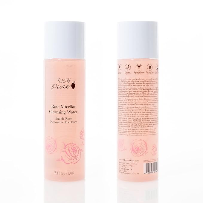 100% PURE Rose Micellar Cleansing Water, Hydrating Makeup Remover, Daily Skin Care for All Skin Types, Soothing Micellar Water, Natural Skin Care - 7.1 Fl Oz