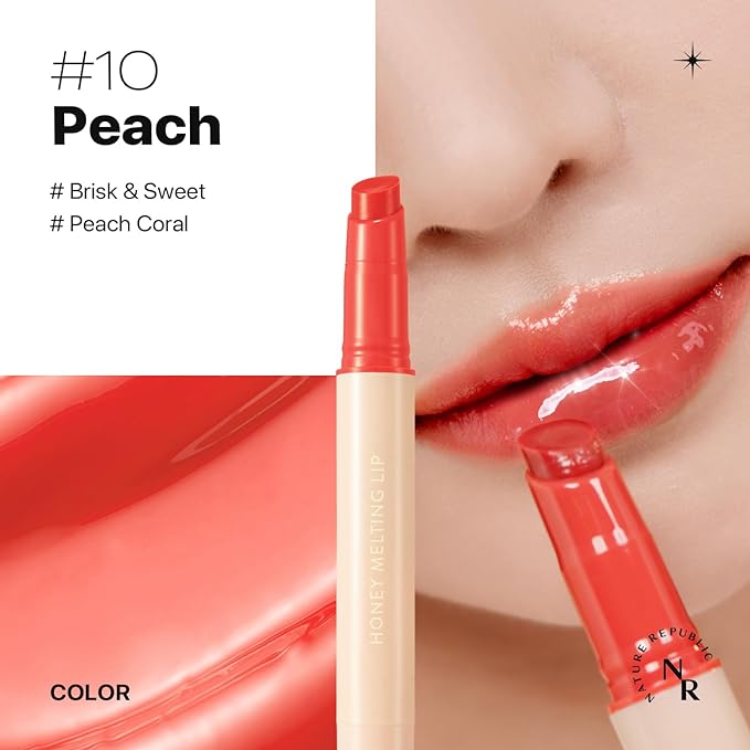 Nature Republic HONEY MELTING LIP (10 PEACH) SOFT LIP STICK, Hydrating Gloss, Moisturizing balms, Sheer tint, Shine & Glowy Finish, korean make up