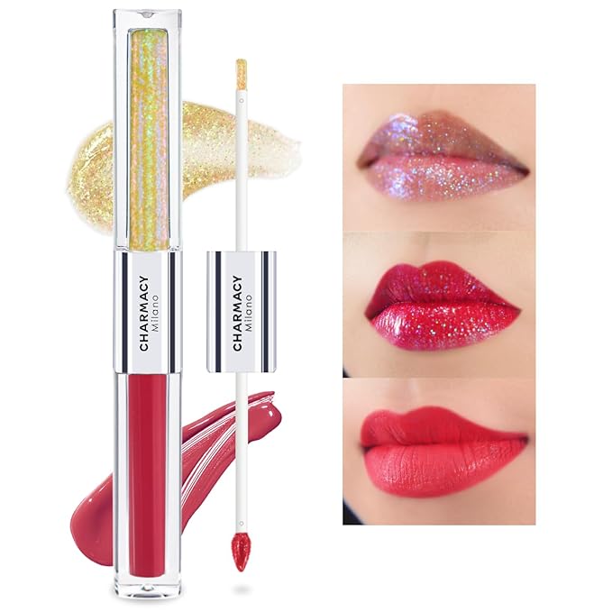 CHARMACY Multichrome Double Head Non-Stick Lip Gloss, Metallic Colourful Lip Glaze, Anti-transfer, Long Lasting Waterproof Liquid Lipstick Makeup (#04)