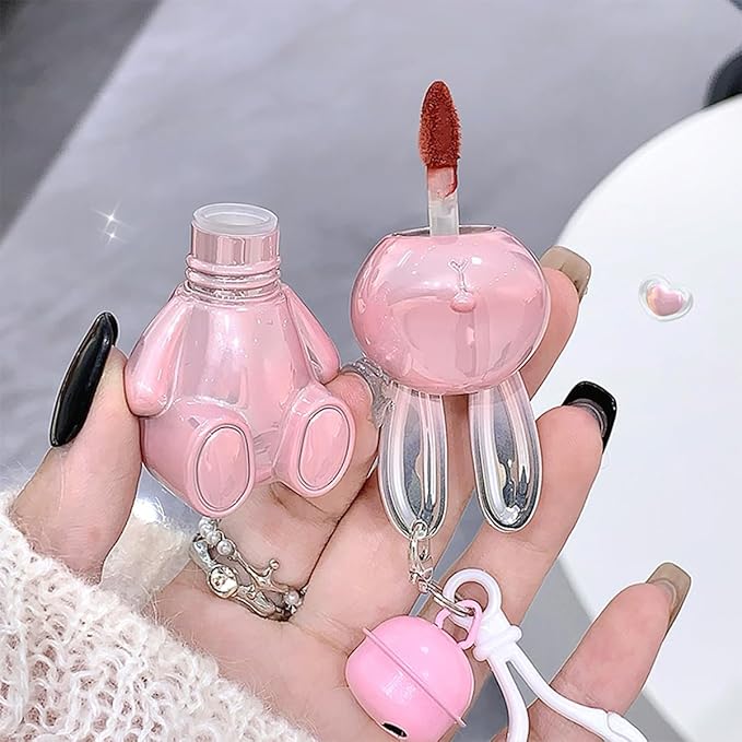 Pack of 3 Matte Lip Stain, Pink Bunny Cute Lipstick, 3 Colors Velvet Lip Glaze Set, Kawaii Makeup Kit for Women, Creative Keychain Design Easy to Carry (Set A(123#))