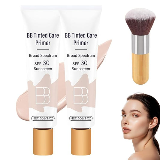 BB Blur Tinted Moisturizer SPF 30, BB Cream Tinted Moisturizer with Broad Spectrum SPF, BB Tinted Care Primer with Brush (Ivory, 2PCS)