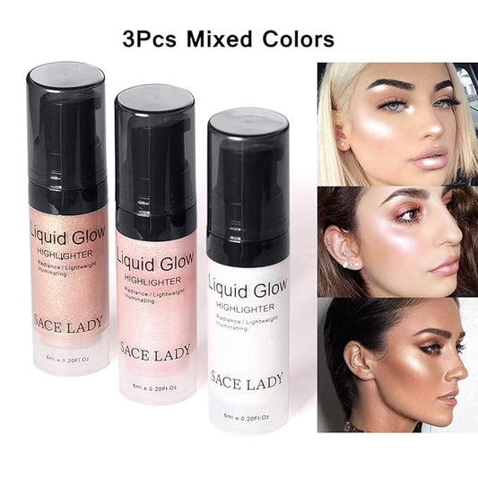 SACE LADY Liquid Highlighter Makeup Set Shimmer And Shine Ultra-Smooth Radiant Illuminator Kit For Face Cheekbone Body Glow Bronzer Glitter Illuminating Highlighters Makeups 3 Pack (3×6ml/0.2Fl Oz)