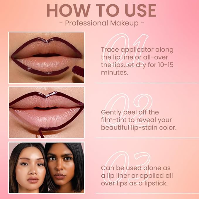 2Pcs Matte Liquid Lip Gloss Stain-Peel Off Lip Liner Tattoo, Long Lasting Peel Off Lip Stain,Waterproof & Transfer-Proof Lip Liner Peel Off Lip Gloss for All Skin Types (#02+#03)