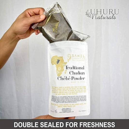 Uhuru Naturals Sahel Cosmetics Chebe Powder - Contains All-Natural Ingredients Promotes Strong and Healthy Hair Growth Helps Prevent Breakage Formulated for Dry Kinky Hair