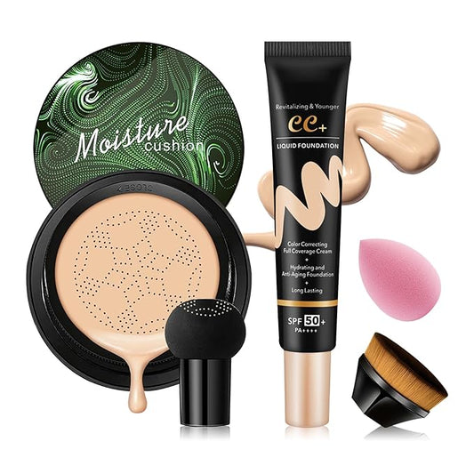 2PCS Mushroom Head Air Cushion CC Cream, Moisturizing Lasting Oil Control BB Cream for All Skin Types, Full Coverage Concealer Liquid Foundation Face Makeup Set with Foundation Brush & Makeup Sponge B