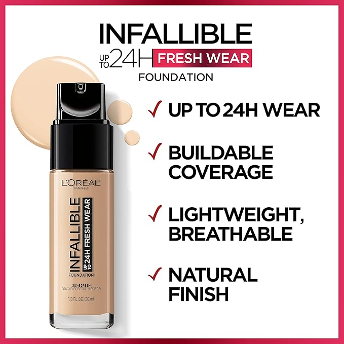 L’Oréal Paris Makeup Infallible Up to 24 Hour Fresh Wear Foundation, Radiant Sand, 1 fl; Ounce (Pack of 2)