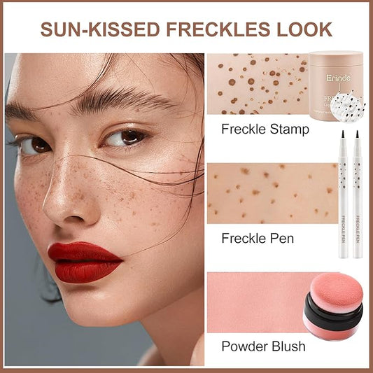 Erinde Natural Freckle Blush Makeup Kit - Liquid Freckle Pen & Fake Freckles Stamp Air Cushion & Powder Cushion Blush, Long Lasting Waterproof Freckles Tattoo Marker for Natural Sunkissed Makeup