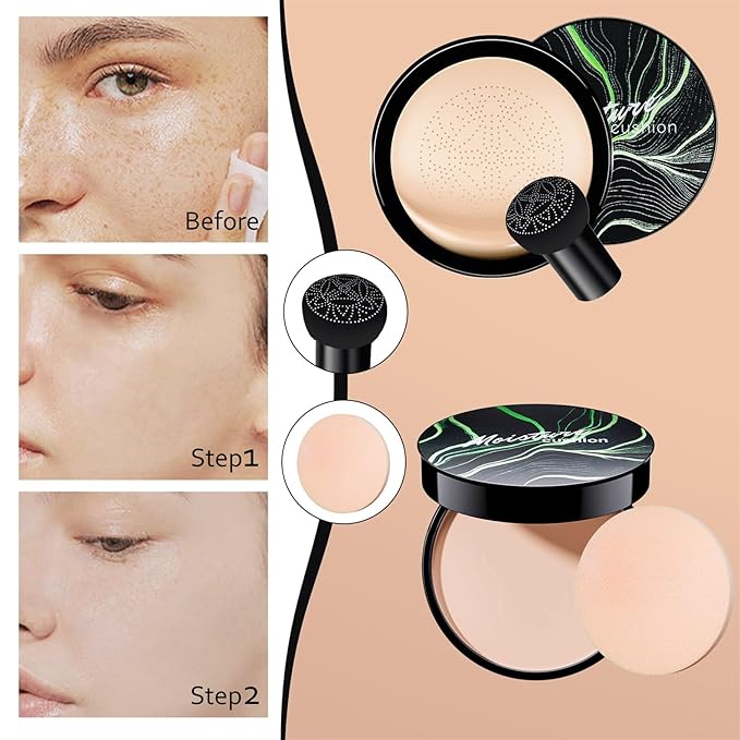 Mushroom Head Air Cushion CC Cream Strong Concealer, Moisturizing BB Cream Makeup Base Primer Even Skin Tone for All Skin Types, Face Makeup Cushion Foundation Long Lasting (Natural+Setting Powder)