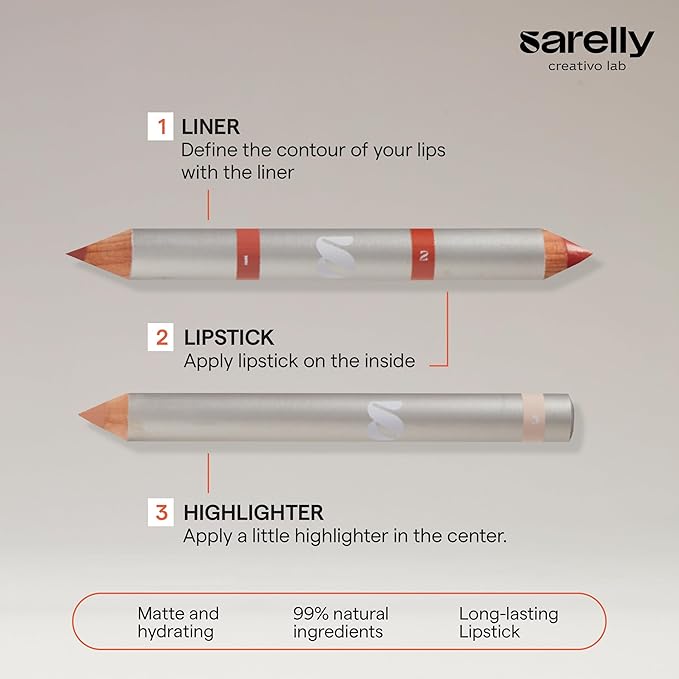 SARELLY CREATIVO LAB | Vegan Beauty Makeup Kit 5 in 1 | Lipstick Lip Liner Highlighter Makeup Sharpener & Mirror | Cute Stuff | Spicy Eggplant Penne