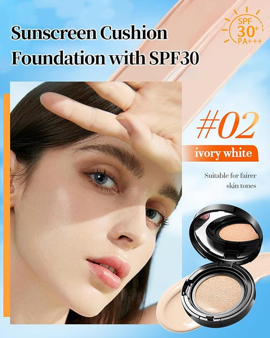 Sunscreen Cushion Foundation with SPF30, Full Coverage Face Cream Foundation Makeup for Mature Skin Moisturizing Breathable Concealer,Lightweight & Buildable BB Cream for All Skin Types, Ivory