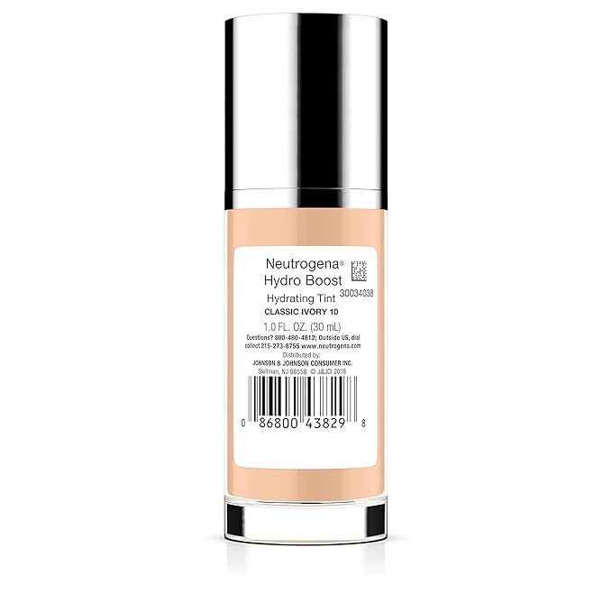 Neutrogena Hydro Boost Hydrating Tint with Hyaluronic Acid, Lightweight Water Gel Formula, Moisturizing, Oil-Free & Non-Comedogenic Liquid Foundation Makeup, 10 Classic Ivory, 1.0 fl. oz
