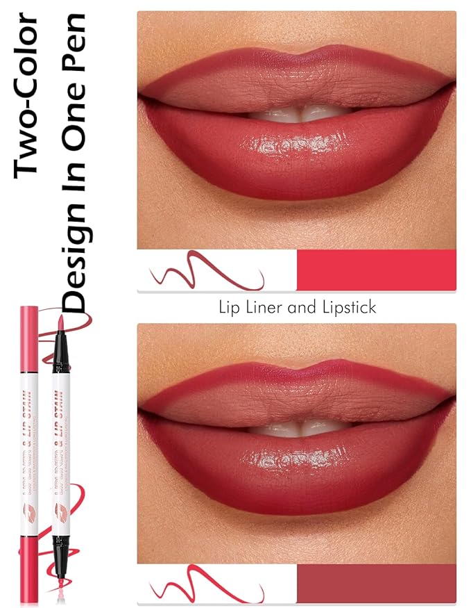 Double-headed Lip Liner Stain Long Lasting Waterproof 2 Colors Liquid Lip Liner Pencil Marker High Pigmented Smooth Application Precise Pen-Like & Chisel Tip Hydrating Lipstick for Women, 03