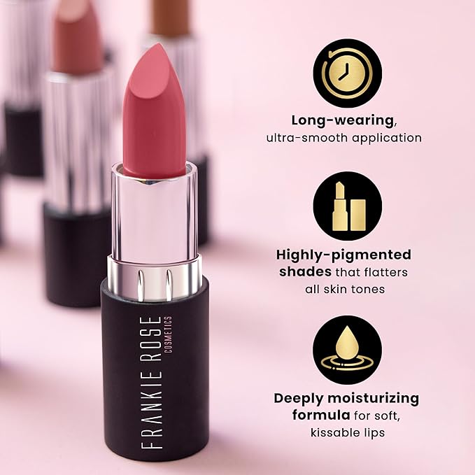 Frankie Rose Long Lasting Lipstick for Women | Smudge Proof Lipstick Enriched with Jojoba Oil | Buildable Lip Colors, Suitable For All Skin Tones | Cruelty-Free Lip Makeup | Bella Rose
