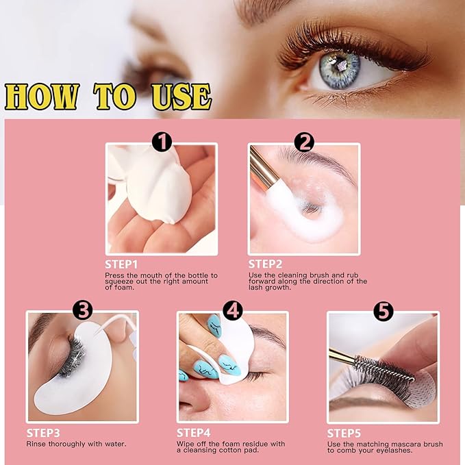 3.38OZ Eyelash Extension Cleanser Lash Mousse Lash Shampoo for Extensions, USB Mini Portable Fan Rechargeable Electric Handheld Air Conditioning Lash Shampoo Brush Plastic Wash Bottle (lash fan-pink)