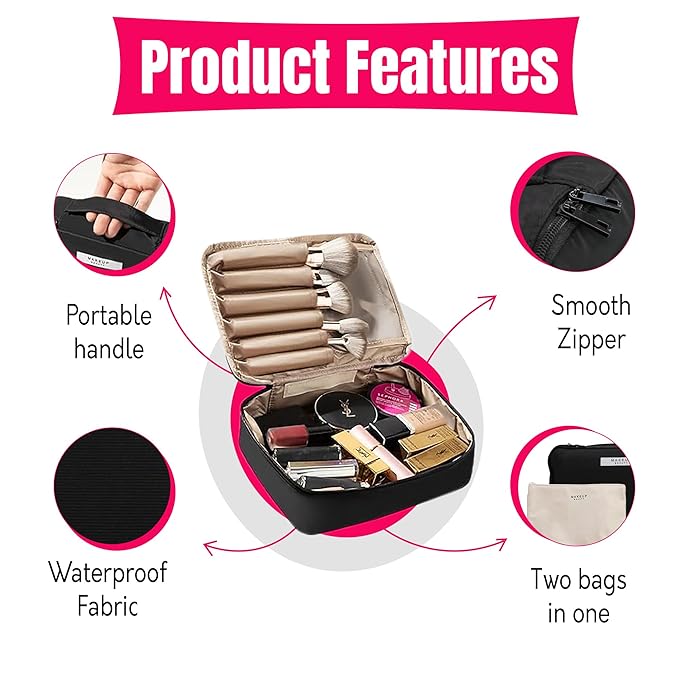 23-Piece All-in-One Makeup & Skincare Gift Set - Black Cosmetic Bag, LED Makeup Mirror, 10 Brush Set, Hair & Spa Accessories - Perfect Teen Gifts, Christmas & Holiday Presents (Black Makeup Set)
