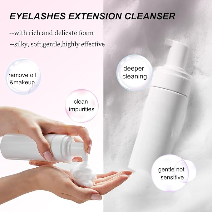 50ml Eyelash Extension Cleanser, Lash Shampoo for Lash Extensions 50pcs Eyelash Brush Cleaning Brush Makeup Remover Pad and Rinse Bottle for Lash Cleaning for Salon Home Use(Black