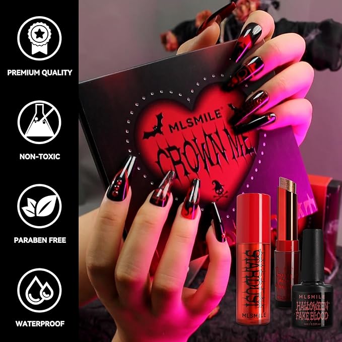 Halloween Makeup Kit,Halloween Press On Nail With Tools,SFX Make up Set Fake Blood Cream,Powder Lipstick,two-tone eyeshadow,2024 New Halloween Party Supplies