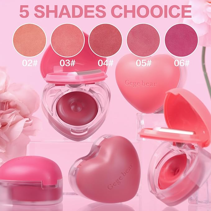 Heart-Shaped Cream Blush for Cheeks & Lips β 2-in-1 Tinted Lip and Cheek Balm Kit with Mini Brush β Blendable Dewy Blusher Makeup for Women, Portable Compact for Travel & On-the-Go Touch Ups 02