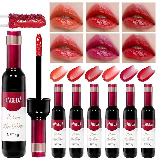 DAGEDA 6Pcs Wine Lip Tint, Lip Tint Stain Waterproof Wine Lip Stain Set, Liquid Lip Gloss, Non-stick Cup Lip Makeup Kit for Girls Women (D Set)