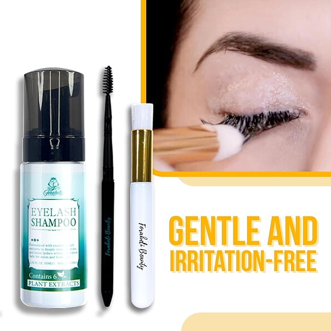Forabeli Lash Shampoo 50ml with Brush and Wand - Eyelash Extension Cleanser, Eyelid Foaming Wash, Gentle Foam, Remove Oils and Makeup