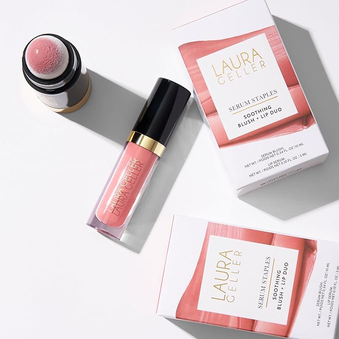 LAURA GELLER NEW YORK Serum Staples Soothing Blush + Lip Duo - Blush Cheek Tint, Practical Pink + Jelly Balm Lip Serum, There She Rose