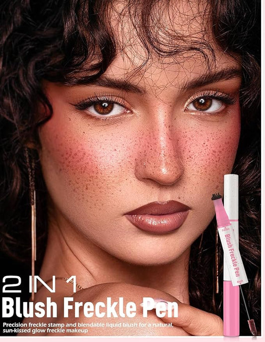 Freckle Pen Blush 2 in 1 Natural Lifelike Light Brown Freckle Stamp Pink Liquid Blush for Cheeks Quick Dry Fake Freckles Long Lasting Faux Freckles Tattoo Marker Waterproof for Sunkissed Makeup