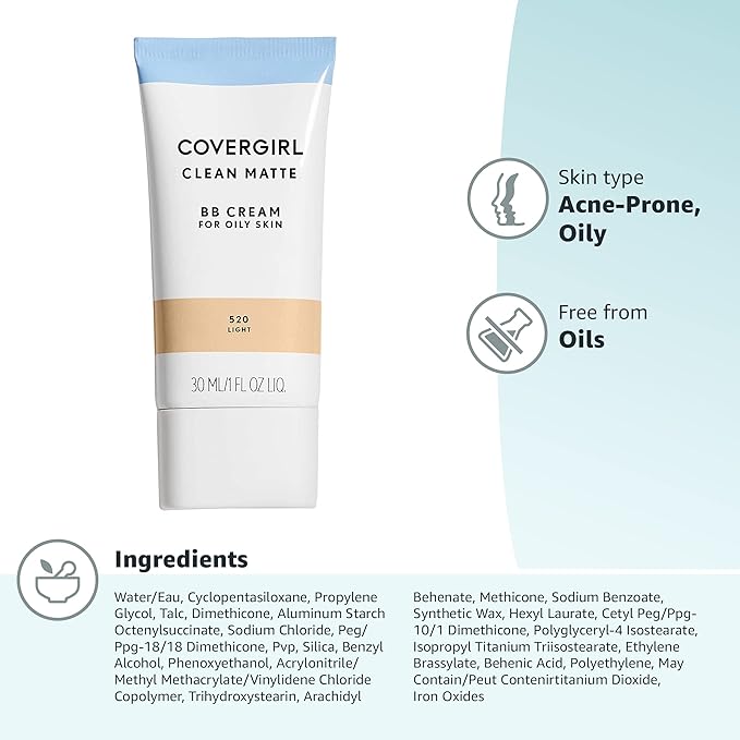 COVERGIRL - Clean Matte BB Cream, Oil-Free, Long-Lasting, Sensitive Skin, Lightweight, 100% Cruelty-Free