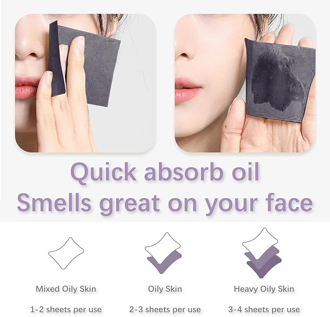200-Count Natural Bamboo Charcoal Oil Absorbing Tissues - Easy Dispensing Design, Premium Face Blotting Sheets for Skin Care or Makeup Essentials