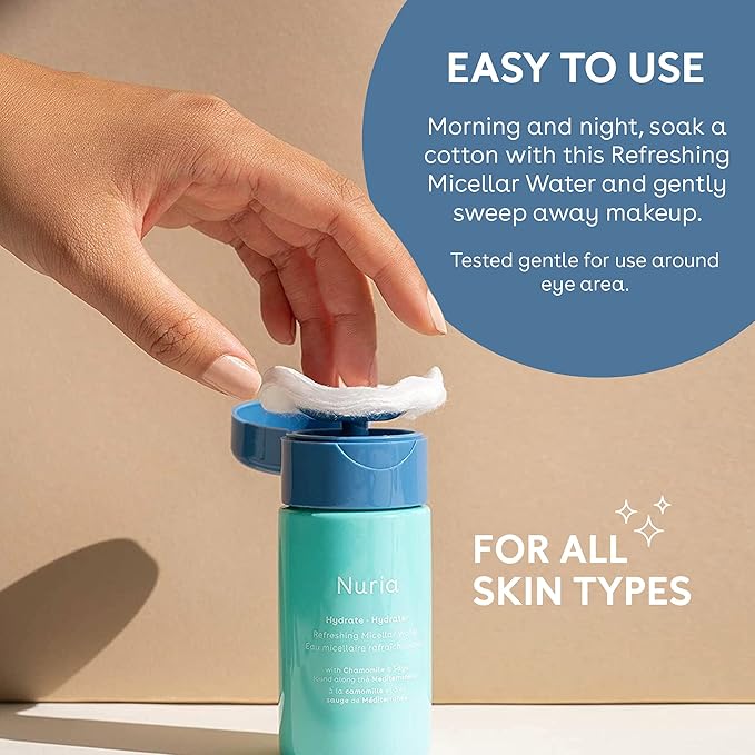 Nuria - Hydrate Refreshing Micellar Water, No-Rinse Makeup Remover Water with Sage Leaf Oil, Chamomile, and Aloe Leaf Juice, 200mL/6.8 fl oz