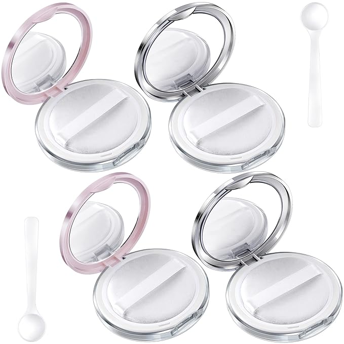 OIIKI 4 Packs Loose Powder Compact Containers, 3g Refillable Container with Powder Puff, Mirror, Net, Spoon, Portable DIY Makeup Powder Compact Cases for Daily Use or Travel -Pink, Silver