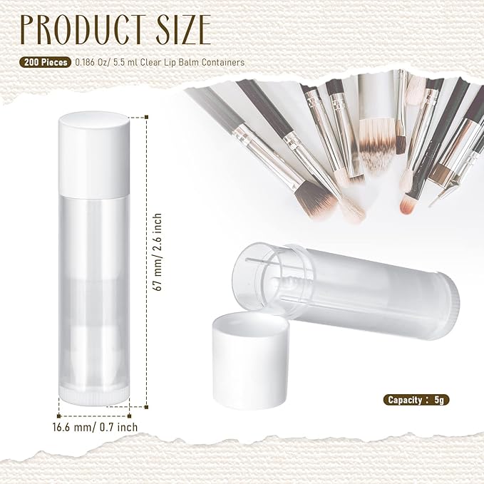 Nuanchu 200 Pcs Lip Balm Tubes Empty Lip Gloss Tubes Bulk Women 0.186 Oz/ 5.5 ml Lip Gloss Container Kit Clear PVC Lip Containers with Caps for DIY(White, Clear)