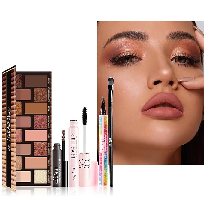 All-in-one Holiday Makeup Gift Set | Full Makeup Kit for Women Multipurpose Essential Bundle Include Eyeshadow Palette Lipstick Blush Concealer Face Powder Eyeliner Mascara Lipgloss Brush