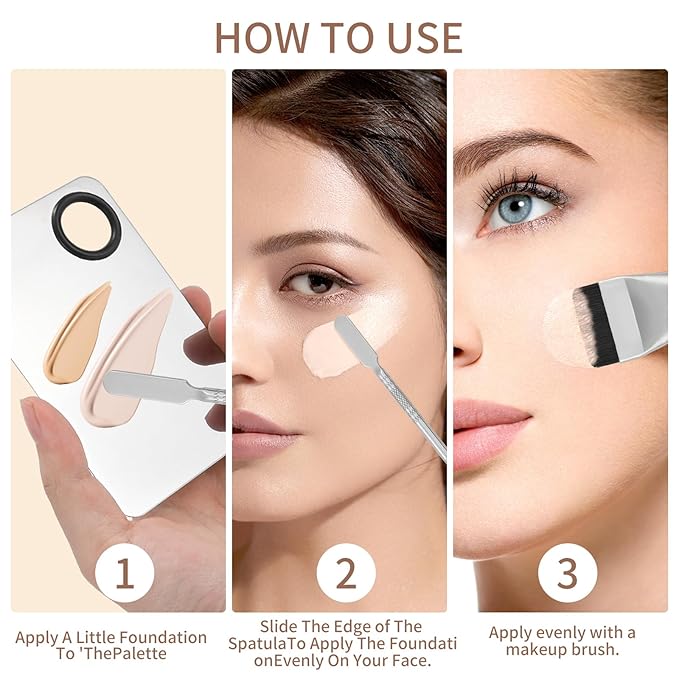 3Pcs Makeup Mixing Palette Kit Including Foundation Spatula, Makeup Palette Tray, and Brushes for Women, Girl Korean Cosmetic Spatula Tool(Metal)