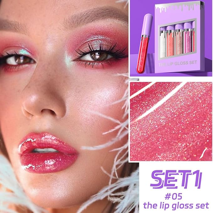 5Pcs Glitter Liquid Lip Gloss Set, Diamond Shimmer Lipstick, Waterproof Shimmer Lip Stain Lip Glaze, High Shine Long Lasting Shiny Lip Color Makeup (Set:Y-01)