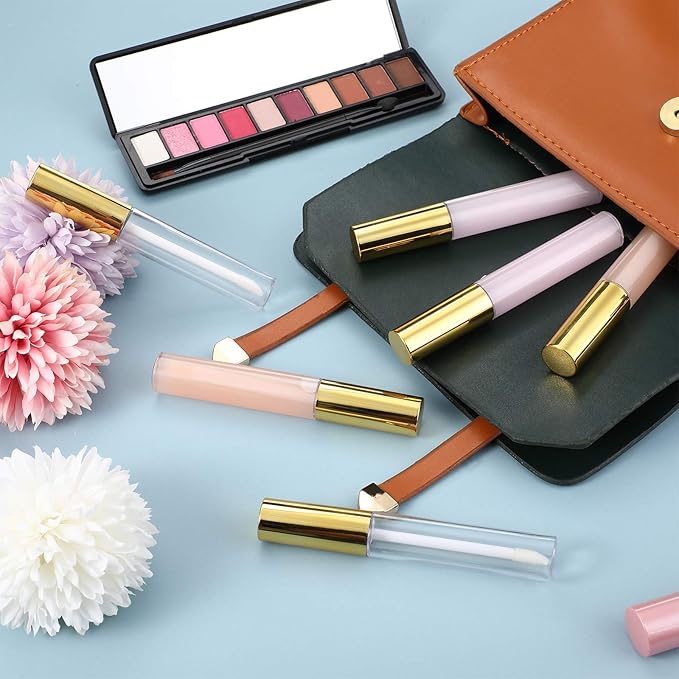 Patelai 40 Pieces Empty Lip Gloss Tubes Containers Clear Lip Balm Bottle with Rubber Stopper and 2 Pieces Funnels for Women DIY Makeup Lip Samples(10 ml,Gold)