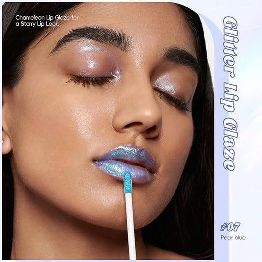 Blue Glitter Lip Gloss Liquid Lipstick, Diamond Shimmer Metallic Sparkly Iridescent Chameleon Lip Gloss Gift for Women, Long Lasting Waterproof Highly Pigment Glimmer Holographic Lip Makeup07