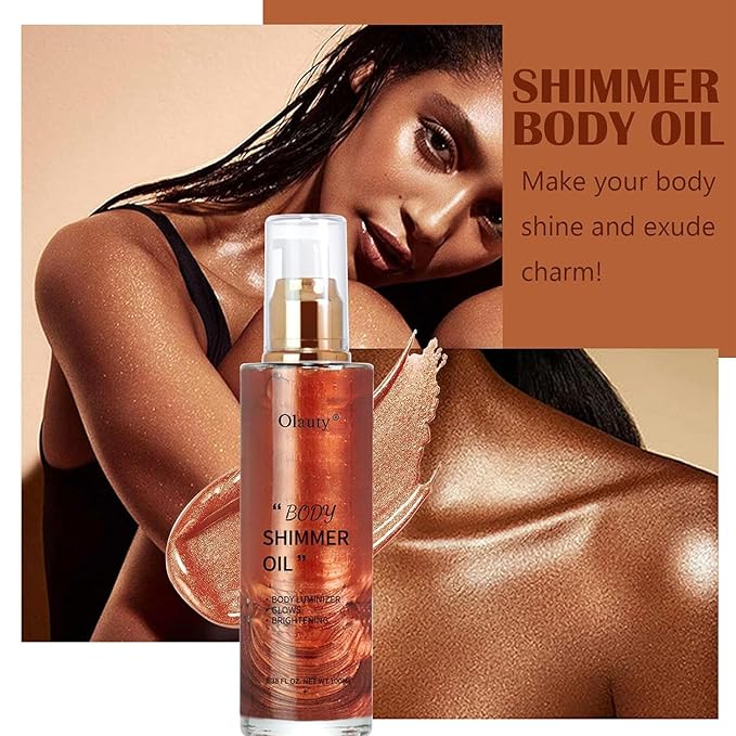 Body Shimmer Oil Gold 4 Color Face Brighten Luminizer Glow for Face & Body, Summer Glow Pearl Highlighter Liquid Illuminator Makeup With Brush (#2, 2.8 Fl Oz)
