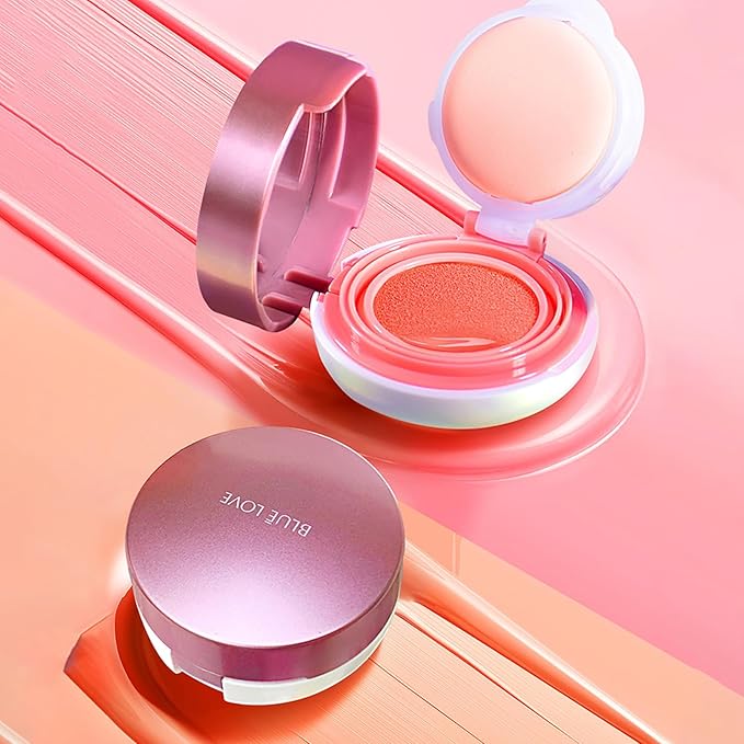 BLUE LOVE Cushion Liquid Blush - Silky Cream Formula for Cheeks, Natural Glow Makeup with Sheer Finish, for Contouring and Highlighting (01# Pink Orange)