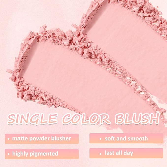 Boobeen Powder Blush Matte Single Color, Pressed Face Makeup for Colorful, Long-wear Glow, Natural Flush Tint for Cheeks