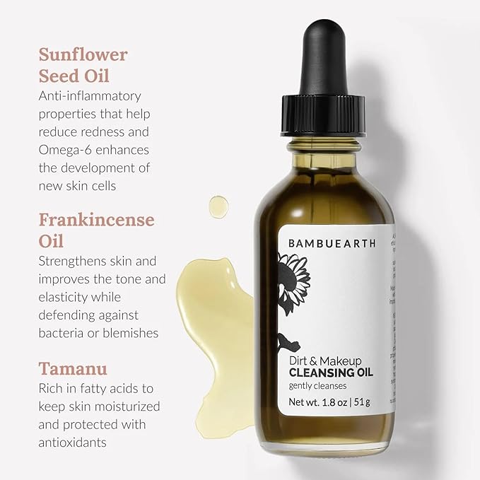 BambuEarth Gentle Oil Cleanser and Makeup Remover - Organic Ingredients & EWG Certified - Daily Face Cleanser for All Skin Types. Cleansing Oil for Removing Dirt - Vegan Skincare (1.8 oz)